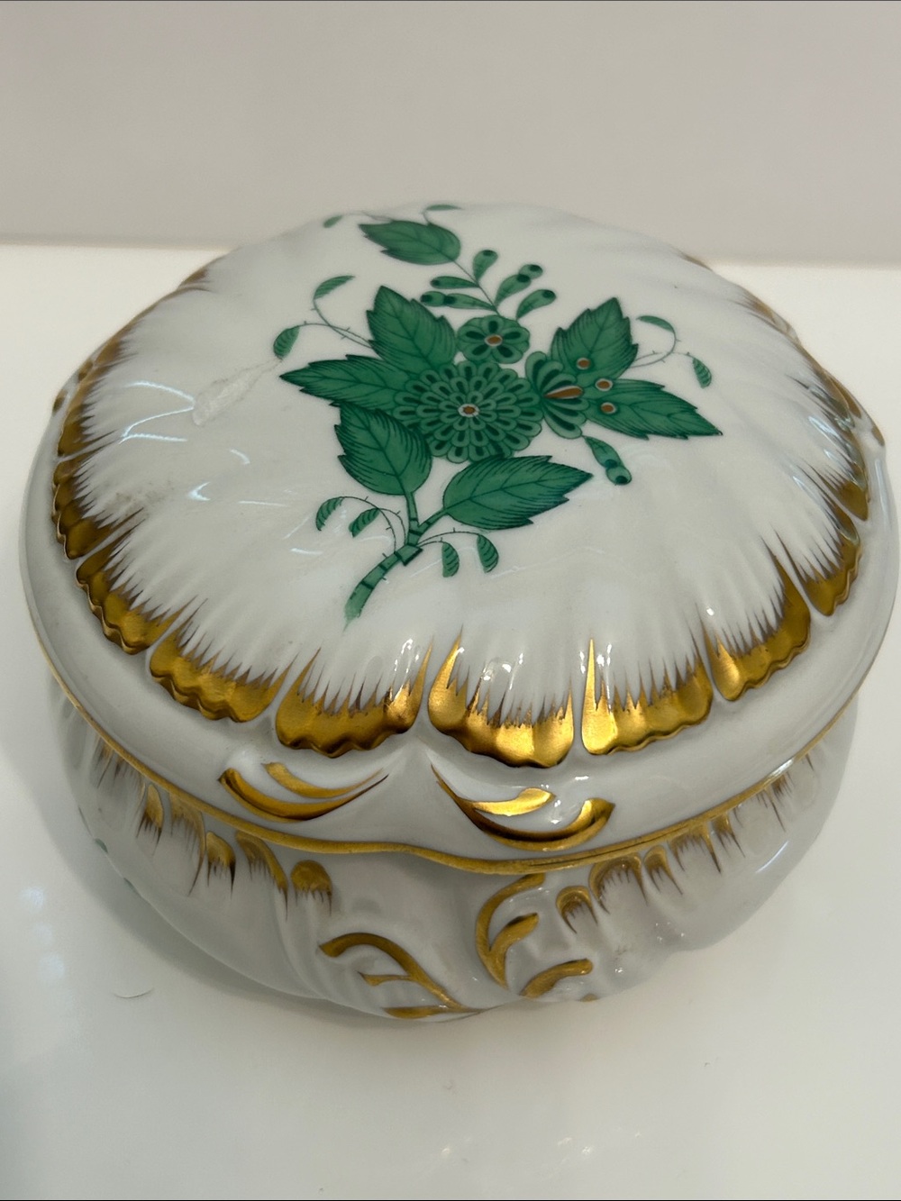 Herend Hungary Porcelain Candy Box with Green Floral Motif and 24K Gold Trim